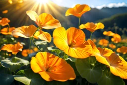 yellow, orange, gold light effects colors, magic fields with nasturtium flower, clear sunny light, highly detailed, high contrast, 8k, high definition, realistic, concept art, sharp focus