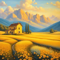 painting of a house in a field of flowers, inspired by Guido Borelli da Caluso, yellow hue, dotart, dragan bibin, fantasy italy, golden colour, jingna zhang, golden hour, perfect Wide long shot visual by @challenge2pt masterpiece.