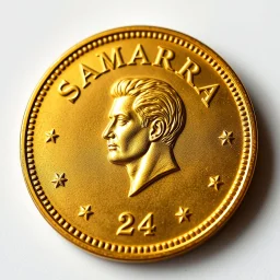 view of the word, Samarrrai , on a gold coin ,with picture of , man head in the middle of the coin 2024