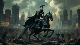 A chaotic cyberpunk interpretation of Bruegel's "The Triumph of Death", capturing the symbolic "harvest" of humanity. this is terror. A dystopian metropolis under smog sky, where cybernetic grim reapers are executing physical harvest. Many of humans citizens killed and overwhelmed by an army of cyberwarrior androids and robots, panicking people, many bodies lying on the ground. In the foreground, a cyber-death warrior in black hood with futuristic gun, on a mechanical horse, thriller