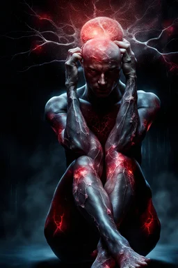 a photorealistic 12k ultra definition of a beautiful man, he is captured in a mysterious stretching pose with face slightly hidden, his full body exposed to reveal cancer cells. it grows on his skin roots and cells,,dark and mysterious lighting in background , epic, gothic photography , explosive and chaotic background, splatter paint