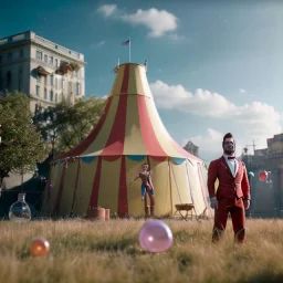 Ultra realistic circus scene. Super stronger man, waist up view, Wes Anderson style, happy, bubbles, highly detailed, concept art, unreal engine 5, god rays, ray tracing, RTX, lumen lighting, ultra detail, volumetric lighting, 3d, finely drawn, high definition, high resolution.