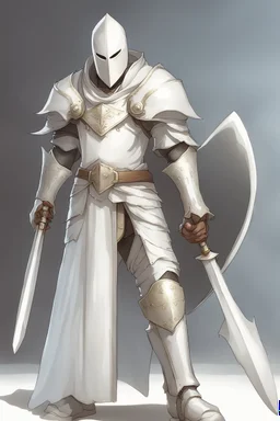 Knight wearing white armor and white cape with white face mask, holding a greatsword