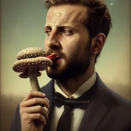 Portrait of Alessandro Borghi, with angry eyes, in Alexandre cabanel style, eating a magic mushroom 8k, HD, cinematography, photorealistic, Cinematic, Color Grading, Ultra-Wide Angle, Depth of Field, hyper-detailed, beautifully color-coded, insane details, intricate details, beautifully color graded, Cinematic, Color Grading, Editorial Photography, Depth of Field, DOF, Tilt Blur, White Balance, 32k, Super-Resolution, Megapixel, ProPhoto RGB, VR, Halfrear Lighting, Backlight, Na