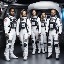 the criminal minds FBI team, ready to flight a spaceship in spacesuit (women and men)