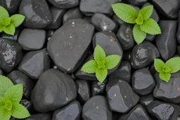 Black Rocks and Green mint Leaves