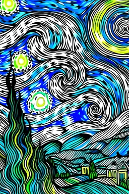 coloring book about "Starry Night": Depicts the iconic starry sky from Van Gogh's famous painting.