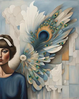 Minimalist abstract artwork in mixed media, depicting a woman with wings like a peacock's fanned plume, radiating as a colorful aura. Contemporary, minimalistic, and surreal, conveying enlightenment, discovery, and exhilaration. Influenced by Jacek Yerka and Richard Burlet, with subtle textures and a sophisticated palette of muted neutrals, deep blues, and striking red accents. Visionary and esoteric, with an emotional, mystical quality.