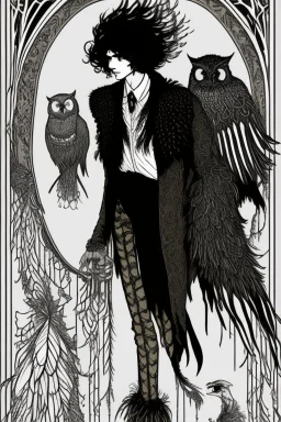 Black singed,black haired young man, warlock,with feathery owl-like hair, owl legs, owl faced, in the style of Harry Clarke,