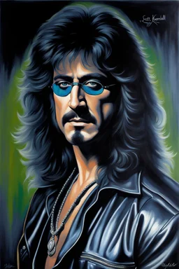 Head and shoulders image - oil painting by Scott Kendall - pitch Black solo record album with emerald glowing in tips of hair - 30-year-old Peter Criss (Drummer) with shoulder length, wavy, straight black and gray hair, with his face made up to look like a cat's face - in the art style of Boris Vallejo, Frank Frazetta, Julie bell, Caravaggio, Rembrandt, Michelangelo, Picasso, Gilbert Stuart, Gerald Brom, Thomas Kinkade, Neal Adams, Jim Lee, Sanjulian, Thomas Kinkade, Jim Lee, Alex Ross,