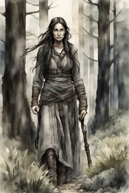 ink wash and watercolor illustration of an ancient grizzled, gnarled female vagabond wanderer, long, black hair streaked with grey, highly detailed facial features, sharp cheekbones. Her eyes are black. She wears weathered roughspun Celtic clothes, emaciated and tall, with pale skin, full body , thigh high leather boots within a forest of massive ancient oak trees in the comic book style of Bill Sienkiewicz and Jean Giraud Moebius , realistic dramatic natural lighting, rich earth tone colors