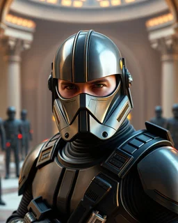 star wars bald male corellian pilot wearing pearlescent black and gunmetal grey First Order special forces heavy assault stealth commando armor and helmet with gold and metallic red trim inside the jedi temple, hyperdetailed, dynamic lighting, hyperdetailed background, 8k resolution, volumetric lighting, light skin, fully symmetric details