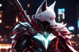 Spawn in 8k anime realistic drawing style, white fox them, close picture, rain, neon lights, intricate details, highly detailed, high details, detailed portrait, masterpiece,ultra detailed, ultra quality