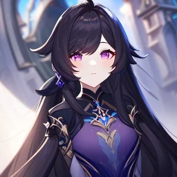 Clear focus,High resolution, Black long straight hair, Long bangs, and purple eyes, wearing a Genshin Impact outfit, Over realistic