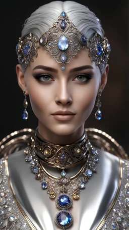 AI 3d photo realistic portrait of young woman, smiling, beautiful, shiny grey eyes, make up, Byzantine style, shiny baubles, ornate, large gemstones, shiny molten metalics, shiny wire filigree, silver hair, high definition, high res, octane render, 64k, 3d