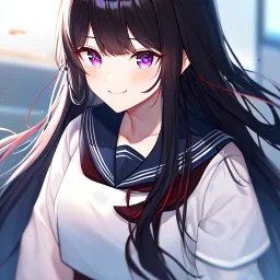 Clear focus,High resolution, Black long straight hair, Long bangs, and purple eyes, Looking down on you, wearing a sailor uniform that is black and red, Detailed hair,Bloody, Smiling