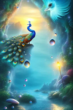 mystical beach, peacock, mystical, dreamlike, romanticism, fine detail, high quality, raining, rain droplets, beautiful colors, soft lighting, fish,