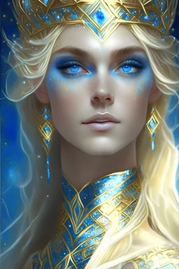 une reine blonde, gracieuse, beaux yeux bleus, couronne or, cosmique, royale,