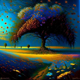 a painting of a tree and a field of flowers, a surrealist painting by Igor Zenin, deviantart, naturalism, apocalypse art, contrasting, global illumination