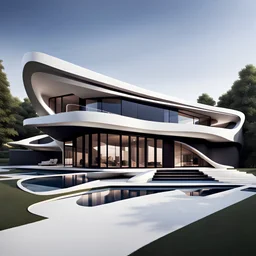 Arte lineal Vista frontal de una casa campestre moderna, estilo Zaha Hadid, minimalista