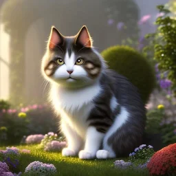 pixar style, volumetric summer garden environment and background, volumetric lighting, dramatic lighting, realistic painting of an cat, looking excited, detailed digital painting, extreme dense and fine fur, anime, ornate, colour-washed colors, elegant, small minutiae, tiny features, particulars, centered, smooth, sharp focus, renderman gofur render, 8k, uhd, detailed eyes, realistic shaded volumetric lighting, sunlight caustics, backlight, centered camera view