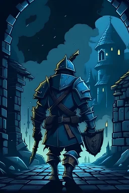 a knight going to a dungeon in a stormy night,in the dungeon its a big monster