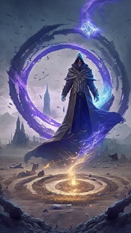 powerful mage, arcane circle in the ground, army in the background
