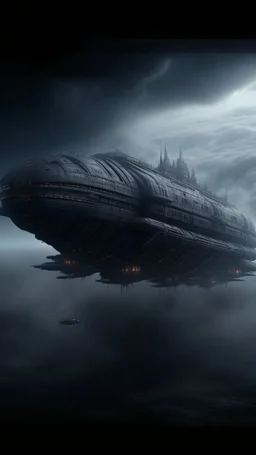 ,surrealism of the dark of a nightmare , hyper photorealistic, hyper detailed dark art color, high resolution, fog, octane render, tilt shift, HDRI Environment, all pictures dark gray, a long cigar shape spaceship hovering in the sky