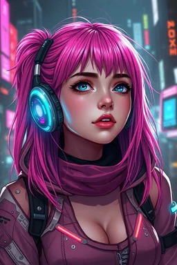 a pretty cyberpunk girl, bright hair, dreaming of an escape from this dystopian world, young, futuristic