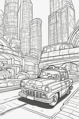 transport coloring page for kids, TAXI cartoon style, thick outline, low details, no shading, no color