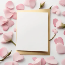 A photo of a white card, 5.5 by 4.25 inches. The card is vertically positioned on a beautiful white surface, positioned between pink rose petals and litte golden hearts.