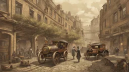 industrial steampunk street with cobbled pavement, steam cars, people, trees