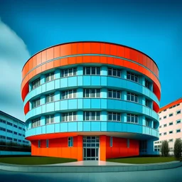 A hospital building in the shape of an atom gives the impression of containment and hope, with the use of appropriate colors of high quality and photographed from appropriate angles