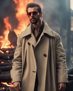 a young muscular man who looks like hans gruber wearing a trench coat and red sunglasses staring with an irritated look on his face standing in front of a fire