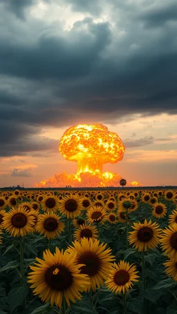 A field of sunflowers at the end of the picture in the background a huge nuke explosion with dark sky