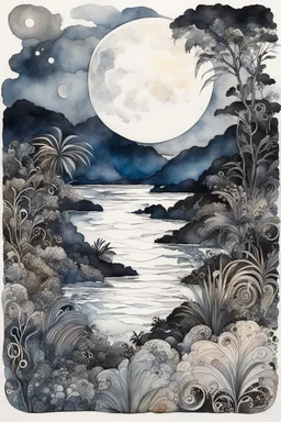 ink wash and watercolor random color Zentangle patterns in the styles of Gustav Klimt ,Wassily Kandinsky, Alphonse Mucha, and Kay Nielsen that depicts an idyllic moonlit South Pacific island landscape, with fine ink outlining