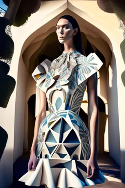 model with dress printed in 3D inspired by trullo, palm and orchids high tech