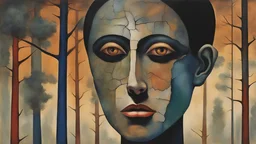 Skin bones stone face, dystopian environment, a forest can be seen through a hole in the side of the head, cracks and peeling in the face, a brain from another time, a divided mind, a portal to the distant future. Deep contrasting colors. Surrealism and abstraction by Francis Picabia