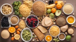 Overhead view of a large group of food with high content of dietary fiber arranged side by side. The composition includes berries, oranges, avocado, chia seeds, wholegrain bread, wholegrain pasta, whole wheat, potatoes, oat, corn, mixed beans, brazil nut, sunflower seeds, pumpkin seeds, broccoli, pistachio, banana among others. High resolution 42Mp studio digital capture taken with SONY A7rII and Zeiss Batis 40mm F2.0 CF lens