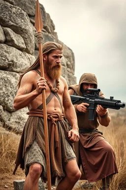A Stone Age man holding a spear vs a modern man machine gun differs