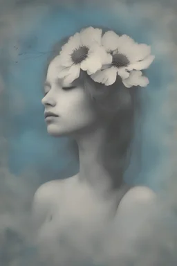 Postcard on an old scratched paper, translucent flower girl, black handwriting signature, heavenly blue in the background, blur 5%, complex art by Alessio Baldovinetti, by Andy Kehoe, Brooke Shaden, Jan Saudek photography. Extremely dynamic, nature background, vintage. 8k, ink, handwriting, stamped , heaven blue heart