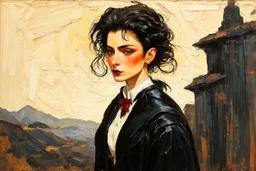 Egon Schiele, Jean-Giraud Moebius, figurative abstract expressionist art, Gothic female vampire sorceress,full body portrait perfection,abstract painting ,acrylic art,oil paint,sharp brush strokes, fine palette knife, highly detailed hair and facial features, rugged skin tones, subdued natural colors, museum quality render