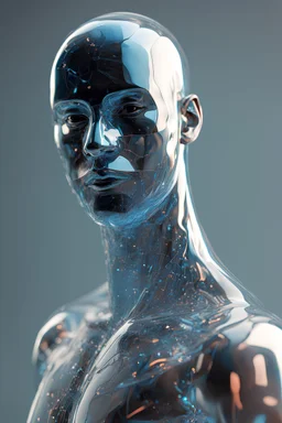 AI 3D glass male figure with mask on realisticv2 surrealism 4k resolution octane render volumetric lighting