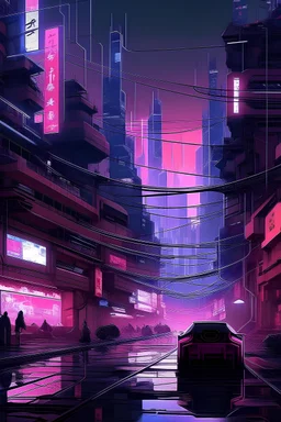 Impact on users by using neural networks, cyberpunk style, violet/pink colors, city