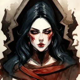 dnd, fantasy, watercolour, portrait, illustration, female, face, cultist, dark, ruthless, merciless