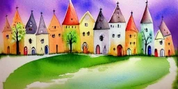 exquisite whimsical village watercolor, delicate village, cute, adorable, linen backdrop, warm colors