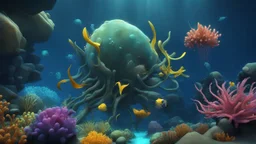 creatures, minerals, mines, plants from subnautica from deep sea, leviathan's a lot of sea plants very deep, beautiful,