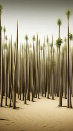 realistic photo of a tall bamboo trees in a landscape covered in sands