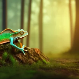 cute baby chameleon in a glowing enchanted forrest, view from the distance, cinematic, HDR, 8K, extremly detailed