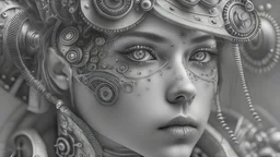 steampunk girl, intricately detailed, white grey tones, 8k, macro photography,